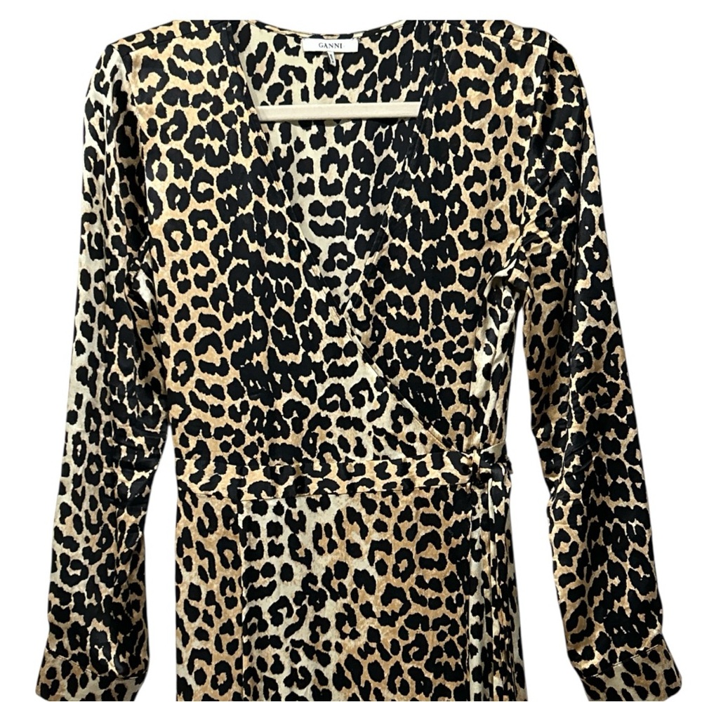 Ganni Silk Wrap Dress Leopard Print Long Sleeve Mob Wife Luxury Sz 38 = US 6 - Picture 5 of 14